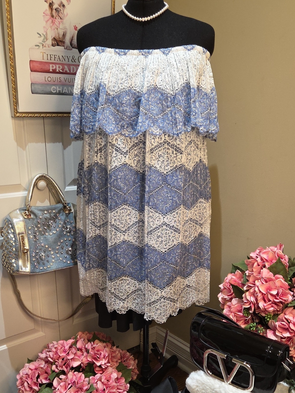 Beige by eci Blue and White Off-Shoulder Lace Midi Dress